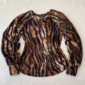 Karen Kane Top Sz S Brown Blue Green Textured Tiger Stripe Long Sleeve Stretch